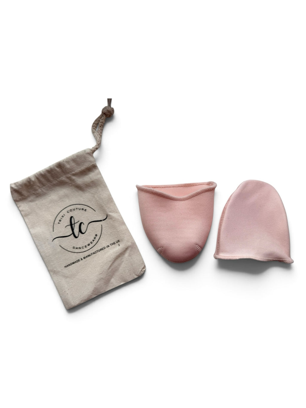 Ballet Boutique Trixi Couture ballet pink fabric toe pads with a branded eco-friendly cotton drawstring storage bag.